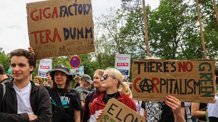 Demonstranten nahe der Tesla-Fabrik in Grünheide hielten am vergangenen Samstag Schilder mit Aufschriften wie „Elon stinkt“.