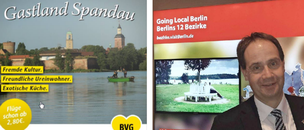 Links die BVG-Spitze, rechts die Werber auf der ITB - im Mittelpunkt der Bezirke diesmal: Spandau.