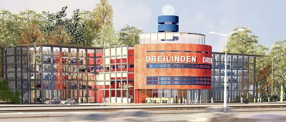 Neue Vision für das rote Baudenkmal. Aus dem Turm der ehemaligen Autobahnraststätte Dreilinden soll ein Autohaus für Oldtimer mit Café und Restaurant werden.