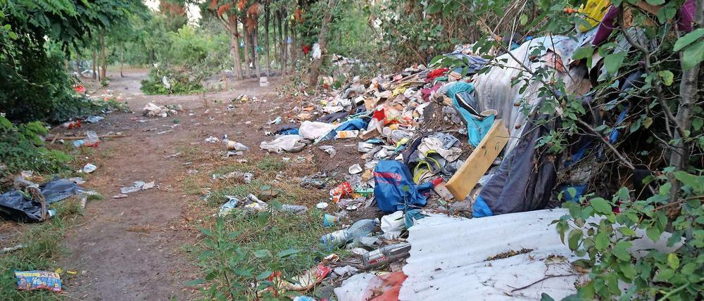 So sah das bisherige Roma-Camp am Mittwoch aus. Die Zelte sind weg, aber noch nicht alle Müllberge abgetragen.