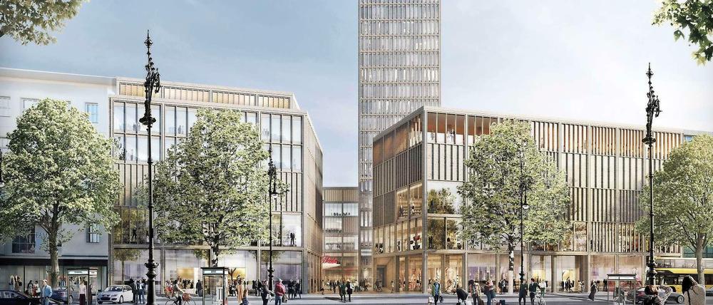 So stellt sich Architekt Jan Kleihues das künftige Ku'damm-Karree vor – mit Neubauten am Boulevard, veränderter Hochhausfassade und einem großen Durchgang zum „Theaterplatz“. 