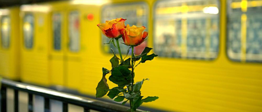 Blumen sind im Januar 2016 in Berlin auf einem Bahnsteig der U-Bahnstation Ernst-Reuter-Platz zu sehen. 