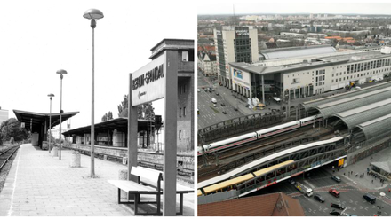 Links der alte Fernbahnhof, rechts der neue - vor 20 Jahren war der Umzug.