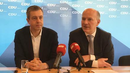 Stefan Evers (links) soll Generalsekretär der CDU Berlin bleiben, wenn Kai Wegner Landesparteichef wird.