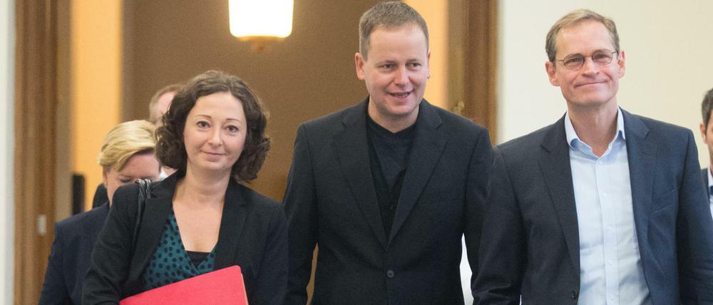 Die Spitze der rot-rot-grünen Koalition: Ramona Pop, Klaus Lederer und Michael Müller (v.l.).