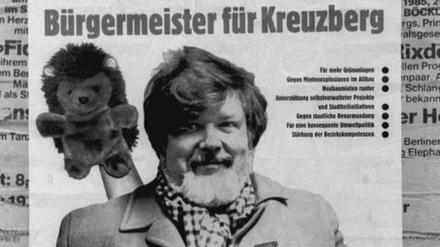 Die Alternative Liste wirbt 1988 mit Werner Orlowsky für die Wahlen zur Bezirksverordnetenversammlung.