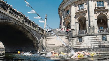 Die Teilnehmerinnen des "Berliner Flussbad Pokal" schwimmen vom Bode-Museum aus einen 1000 Meter langen Rundkurs. 