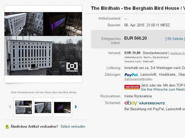 566,20 Euro brachte das Berghain-Vogelhäuschen "Birdhain" am Ostermontag bei Ebay ein.