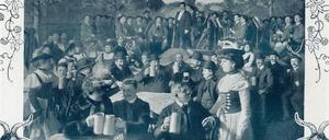 Oans, zwoa, g'suffa. Beim Bockbierfest in der Unions-Brauerei an der Hasenheide feiern die Berliner auf bayerische Art: mit Blaskapelle, Dirndl und Lederhosen. Das Foto erschien im März 1904 in der Zeitschrift "Berliner Leben".