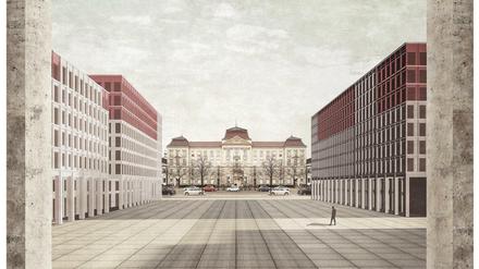 Ein Entwurf von Giorgio Granatiero und Lou Hofmann (TU München), im Hintergrund die einstige Hochschule für Musik an der Fasanenstraße.