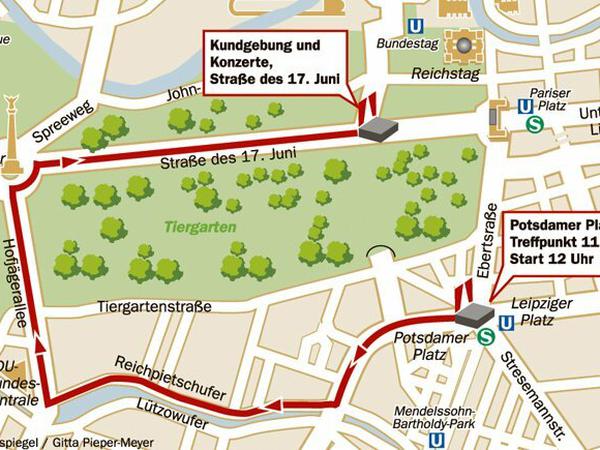 Die Demoroute führt vom Potsdamer Platz bis auf die Straße des 17. Juni.