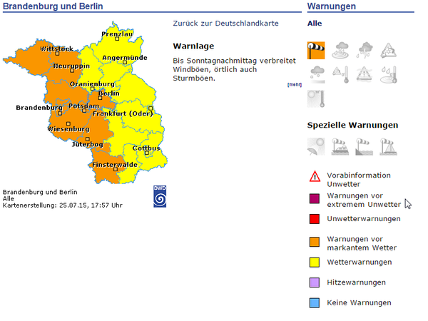 Im orangen Bereich: Berlin steht ein stürmischer Abend bevor.