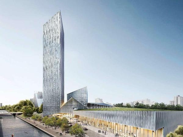 Hoch hinaus in Neukölln: So sieht der Siegerentwurf für den Hotelturm „Estrel Tower“ an der Sonnenallee aus.