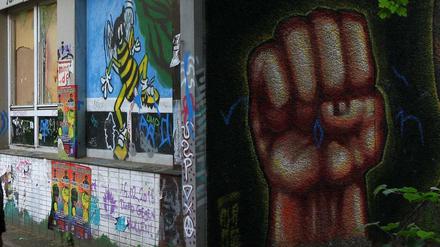 Graffiti beim "Social Center" der besetzten Gerhard-Hauptmann-Schule. (Aufnahme von 2014)