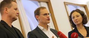 Noch viel zu tun. Die Spitzen von Linken (Klaus Lederer), SPD (Michael Müller) und Grünen (Ramona Pop) verhandeln über eine Regierungskoalition.
