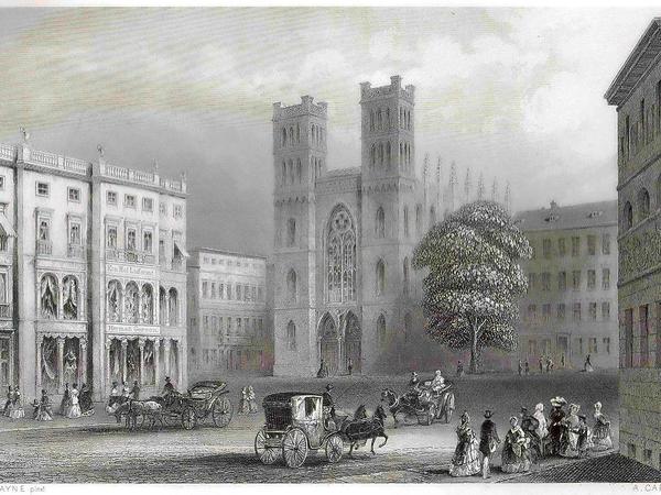Der Platz vor der Friedrichwerderschen Kirche um 1850. Auch damals war die Kirche von Häusern umringt, diese waren aber nicht so gewaltig und hoch wie die jetzigen Neubauten. Außerdem passten sie architektonisch erheblich besser zu dem Gotteshaus. 