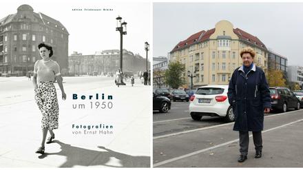 Exakt die gleiche Dame. Nur 62 Jahre sind dazwischen. Links der Titel des Buches „Berlin um 1950“ mit Irmtraud Grimm, damals 19 Jahre alt. Rechts läuft sie heute über die Brücke. Als sie sich auf dem Cover entdeckte, war die Überraschung groß.
