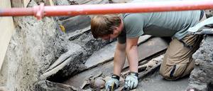 Am Fundort. Ein Archäologe legt an der Leipziger Straße die Knochen frei.