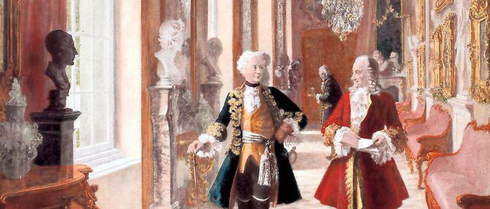 Besuch im Schloss. Friedrich empfängt Voltaire in Sanssouci zum Gedankenaustausch – so stellte sich der Künstler Georg Schöbel die Szene auf dem Lichtdruck von 1900 vor. Foto: akg-images