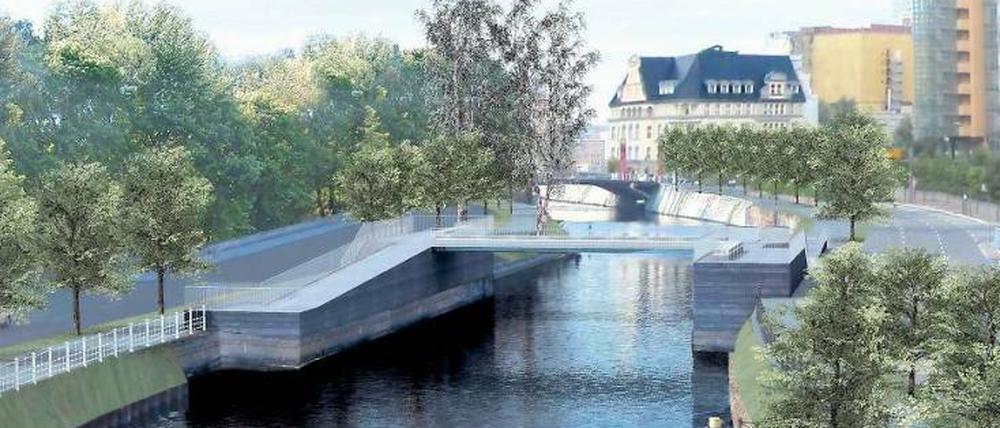 Geplant. Diese Brücke sollte den Landwehrkanal queren und so den Tilla-Durieux-Park (Eröffnung: 2003) und den neuen Gleisdreieck-Park (geplante Eröffnung: 2013) verbinden. Jetzt wird neu geplant. 