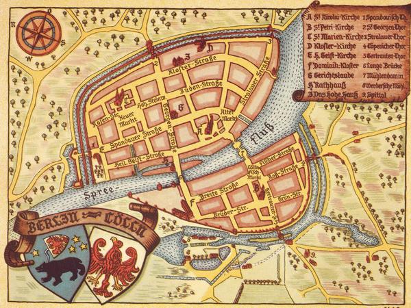 Unsere kleine Stadt. Berlin dehnte sich – wie Cölln – vom Ufer der Spree aus und hatte schon im 15. Jahrhundert mit den Problemen einer wachsenden Stadt zu kämpfen. Nachempfundener Grundriss von 1442