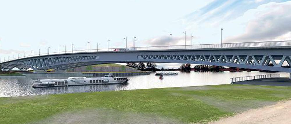 Eleganter Schwung. Vor einigen Wochen begann der Bau der neuen Spreebrücke in Treptow. 2016 sollen hier die ersten Autos fahren.
