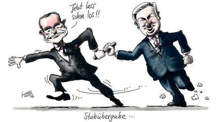 Fliegender Wechsel, auch für den Karikaturisten: Der alte und der neue Regierende Bürgermeister, wie Stuttmann sie sieht.