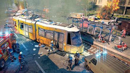 Wo zuerst helfen? Eine Szene aus dem Computerspiel „Emergency“ des Potsdamer Unternehmens Serious Games Solutions, in dem es zu einem Unfall mit einer Berliner Straßenbahn gekommen ist. Der Spieler schlüpft in die Rolle des Einsatzleiters. 