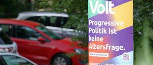 Wahlplakat der paneuropäischen Partei Volt zur Bundestagswahl 2021 an einem Bremer Laternenmast. 