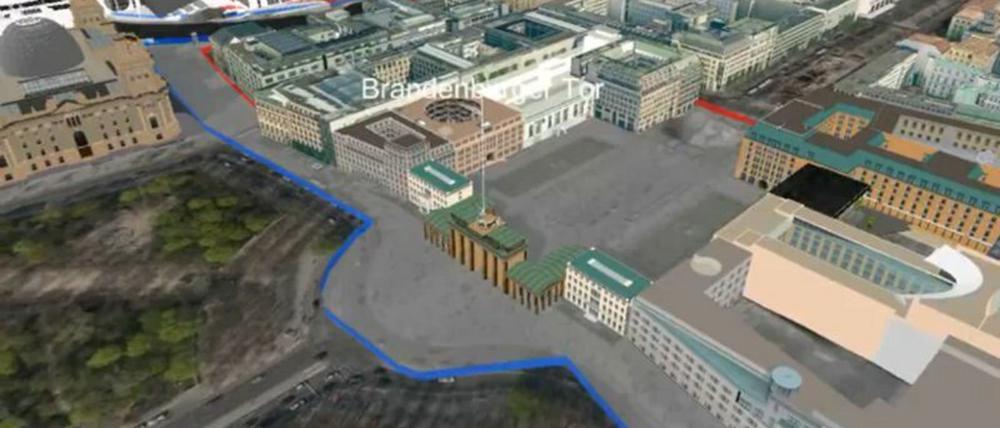 Die virtuelle Kamera fliegt hier über die Mauer am Brandenburger Tor.