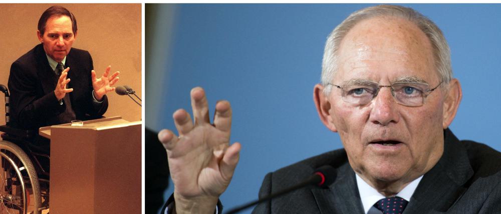 Wolfgang Schäuble 1991 bei seiner Rede für Berlin (links) und 2016 vor der Bundespressekonferenz - in Berlin.