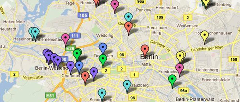 Die Googlemaps-Karte gibt einen Überblick über die Fälle von Auto-Brandstiftungen der vergangenen Woche. 