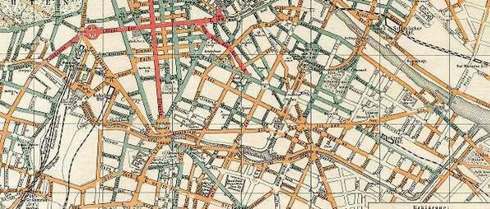 Fast wie neu. Das Prinzip des Fahrradplans von Kartograf Julius Straube aus dem Jahr 1897 ähnelt dem heutigen: Kräftige Farben stehen für guten Straßenbelag. Der Unterschied: die rot markierten Bereiche sind für Radler verboten.