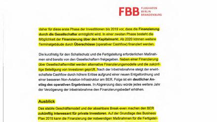 "Finanzierung über den Kapitalmarkt": In diesem Dokument erwägt der BER-Chef, private Investoren am BER zu beteiligen.
