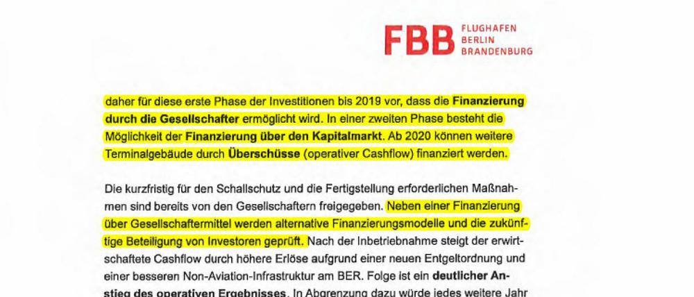 "Finanzierung über den Kapitalmarkt": In diesem Dokument erwägt der BER-Chef, private Investoren am BER zu beteiligen.