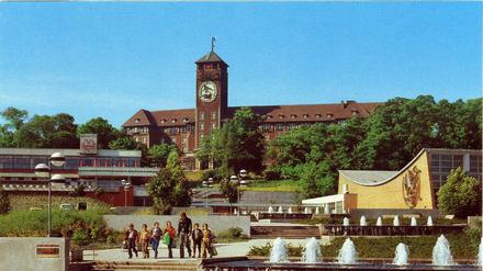 Terrassenlandschaft am Brauhausberg. Von der früheren Anlage mit Springbrunnen und Treppen ist nichts mehr erhalten. Grünflächen ziehen sich inzwischen am Hang bis zur Schwimmhalle hinauf. Das Bild stammt von einer Postkarte Mitte der 1980er Jahre.