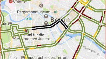 Die Lage von 10 Uhr: Die schwarz markierten Straßen sind gesperrt. Rot bedeutet: Stau. 