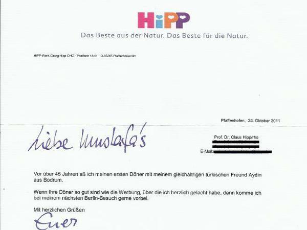 Der Antwortbrief von Claus Hipp. Um ihn zu vergrößern bitte unten rechts auf die Lupe klicken. 
