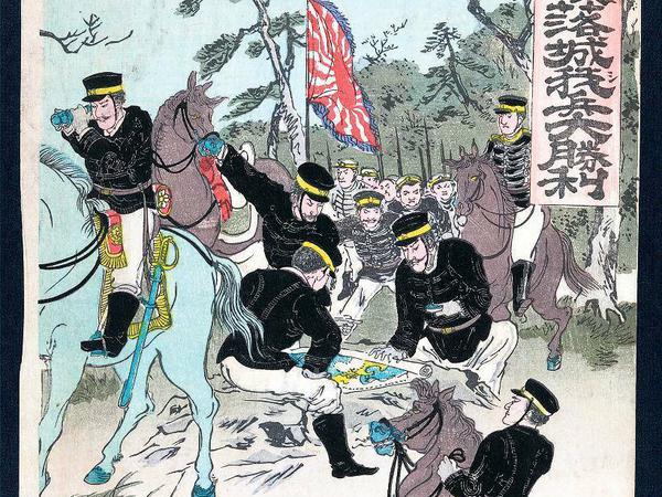 Der Farbholzschnitt von 1894 zeigt japanische Offiziere bei der Kartenbesprechung.
