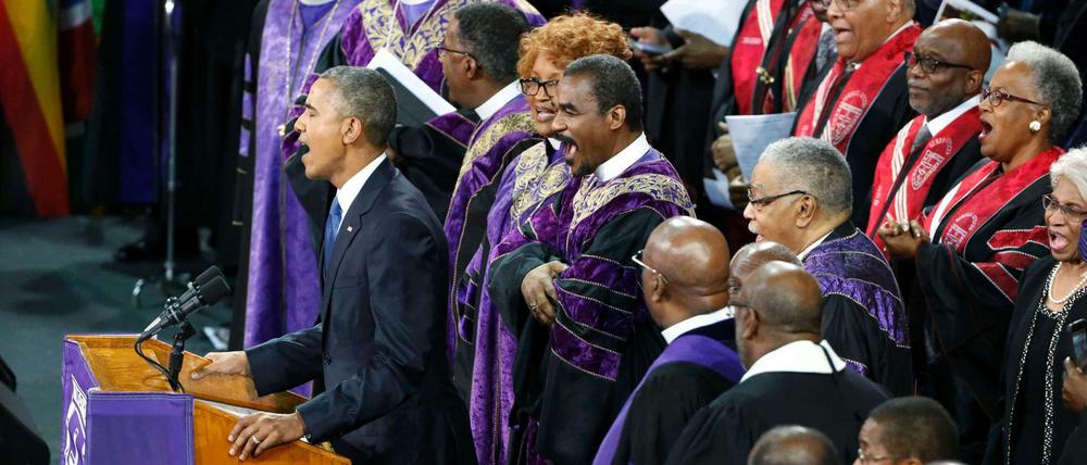 US-Präsident Barack Obama bei der Andacht für den Pfarrer Clementa Pickney in Charleston. 