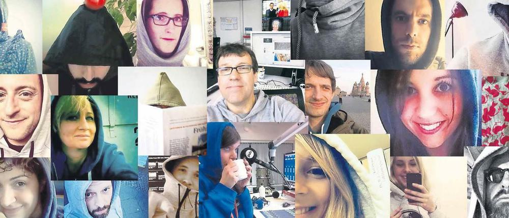 Im Namen der Kapuze: Kolleginnen und Kollegen von Stefan Plöchinger posteten und twitterten solidarische Selfies mit Kapuze, unter anderem auch Tagesspiegel-Online-Chef Markus Hesselmann (oben, Mitte).