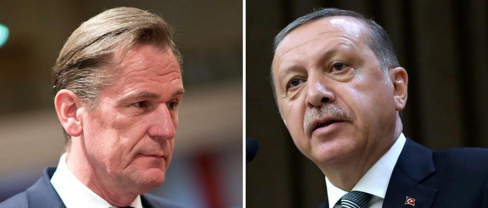Mathias Döpfner (links), Vorstandsvorsitzender der Axel Springer SE, hält weiter zu Jan Böhmermann im Streit mit dem türkischen Präsidenten Recep Tayyip Erdogan (rechts). 