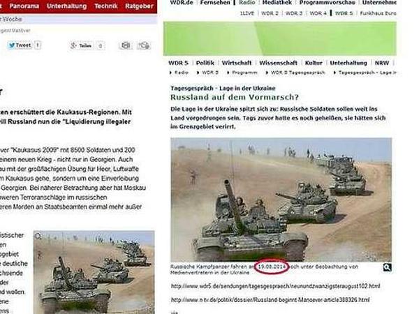 Das Panzerbild aus dem Kaukasus-Krieg, 2009 auf der Internetseite von n-tv (links), 2014 beim WDR (dort inzwischen gelöscht)