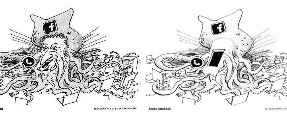 Vorher, nachher. In den Freitagsausgaben der "SZ" vom 21. Februar ist die Karikatur von Burkhard Mohr in zwei Versionen erschienen, links die erste, rechts die überarbeitete.