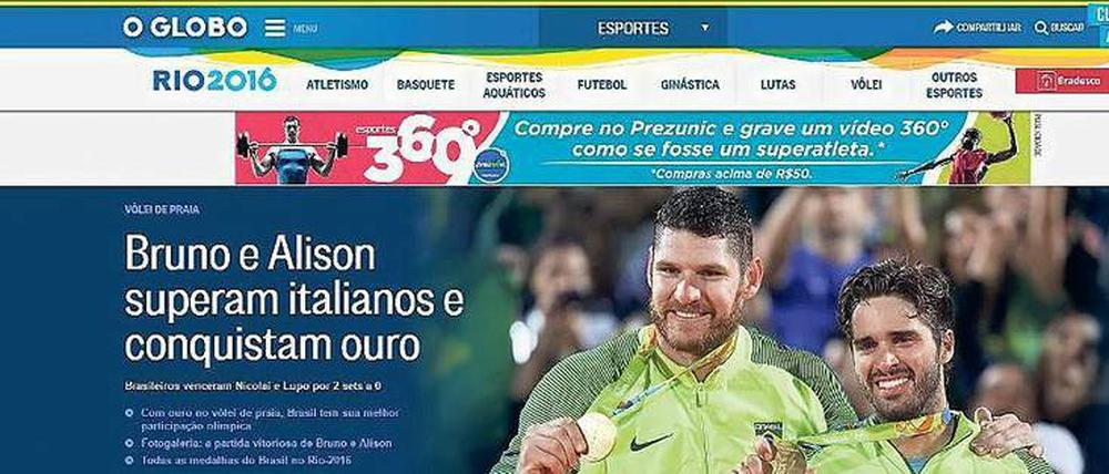 400 Millionen Euro verdient Globo TV während der Spiele mit Werbung, von der Steuer ist der Sender befreit. Der Globo-Konzern dominiert die Medien in Brasilien. Im Bild die Website der Tageszeitung „O Globo“ mit Medaillen für brasilianische Sportler. 