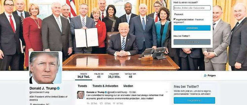 Follow me. US-Präsident Donald Trump nutzt seinen Twitter-Account sehr intensiv. Gerne kritisiert er dabei seinen Vorgänger Barack Obama und lobt sein eigenes Tun.