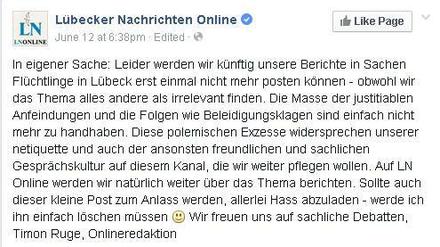 Radikaler Schritt: Die "Lübecker Nachrichten" werden auf ihrer Facebook-Seite künftig nicht mehr Berichte über Flüchtlinge in Lübeck veröffentlichen. 