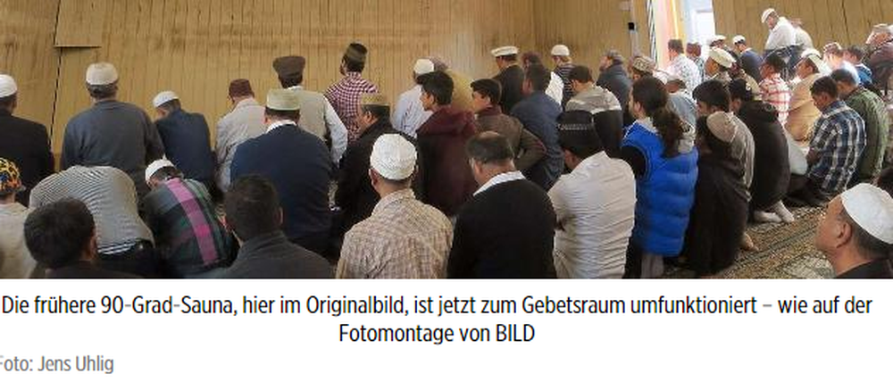 Die Bildmontage auf bild.de zeigt die Sauna des Erzgebirgsbads in Thalbach. Die betenden Muslime wurden von der Redaktion eingefügt. 