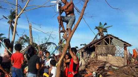 Auf der Ferieninsel Bantayan versuchen Überlebende mit einem Deckenventilator an einem Baum Strom zu erzeugen. So hoffen sie ihre Mobiltelefone aufladen zu können, um zumindest wieder mit ihren Familien auf anderen Inseln in Kontakt zu kommen. Die Lage ist verzweifelt. Die Insel war tagelang komplett von der Außenwelt abgeschnitten.  