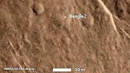 Genau hier soll er sein: Der seit Ende 2003 vermisste britische Landeroboter „Beagle 2“ auf dem Mars.